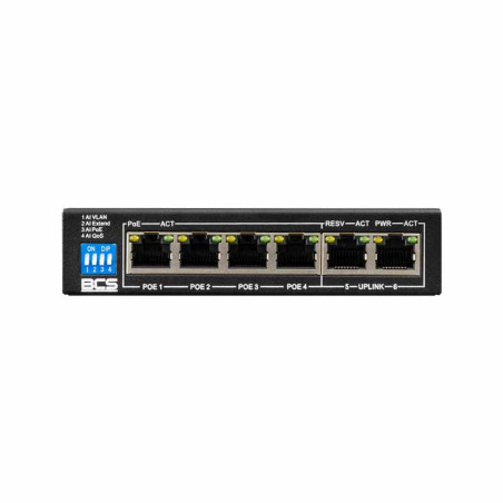 Switch PoE 4 Porturi BCS-B-SP0402 (10/100Mbps) + 2 Porturi Uplink, Buget 60W, Functii Inteligente AI