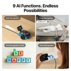 Detaliu cu obiectivul si ecranul integrat al noului senzor Makeblock AI Camera 2.0.